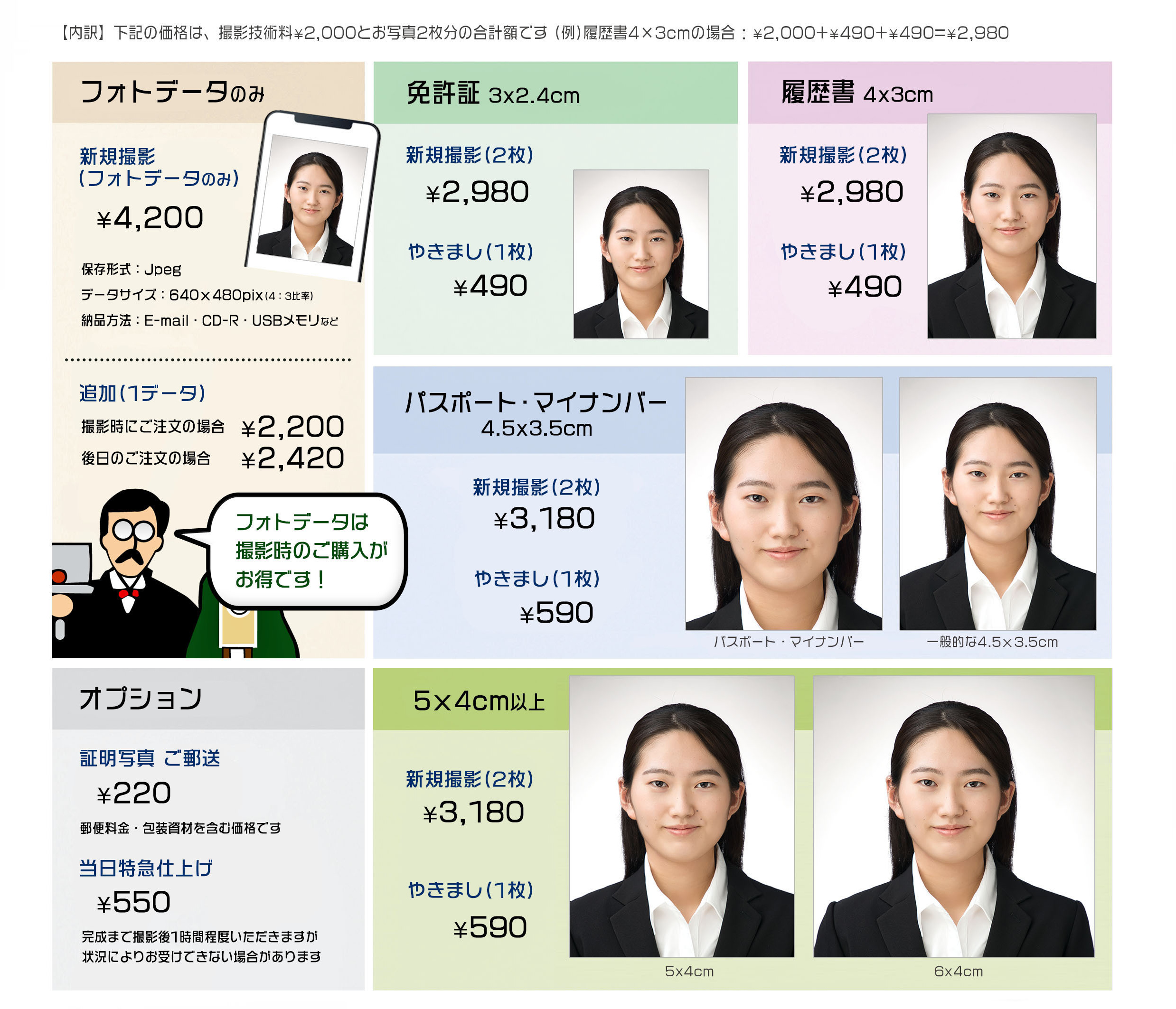 岡山市 証明写真 免許証 履歴書 デジタルデータ対応 パスポート マイナンバー 5×4 4×3 ハローワーク用 3×2.4 3×2.5 各国ビザ フォトデータ